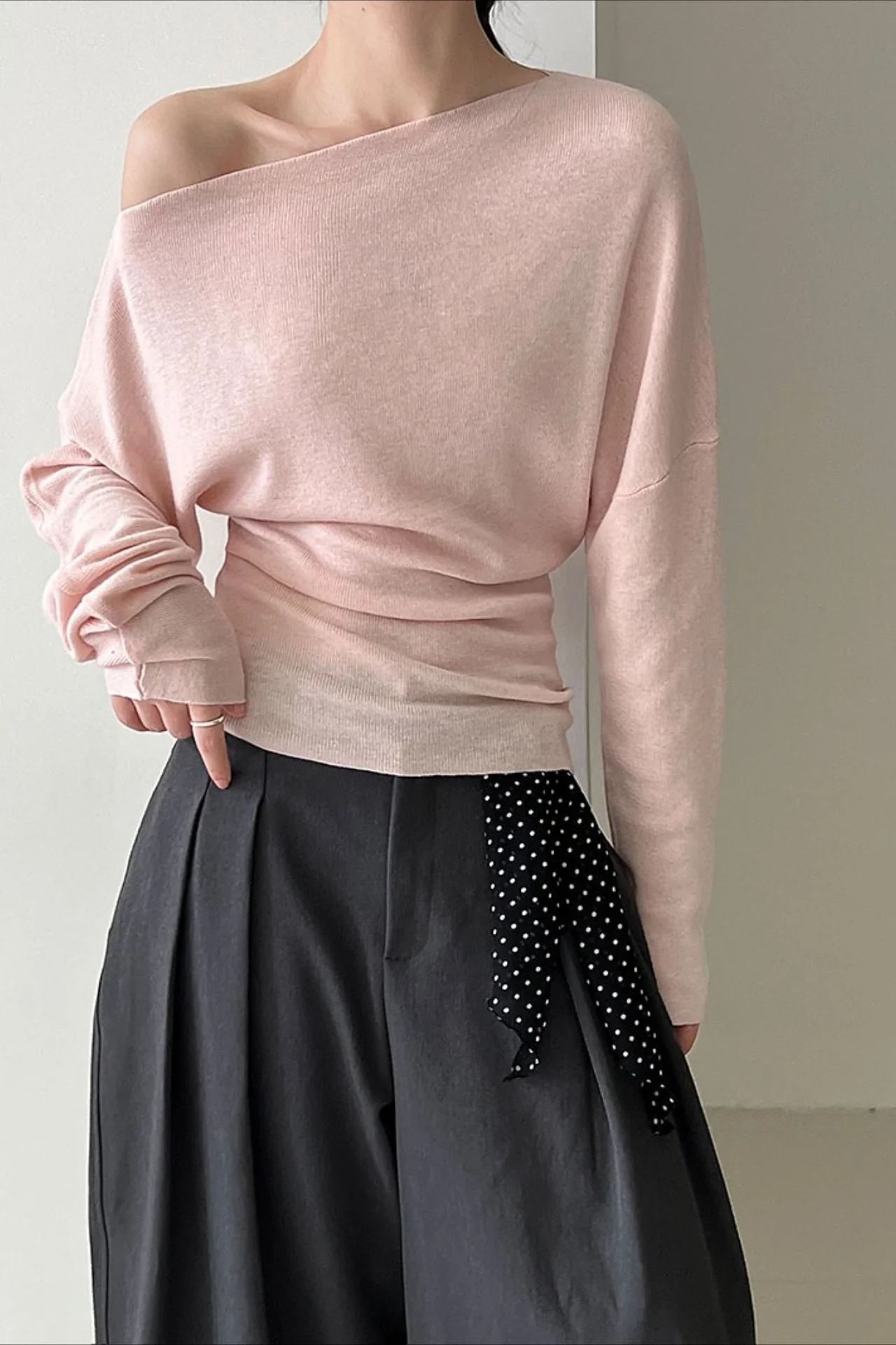 Waist Defining Asymmetric Shoulder Knit Top