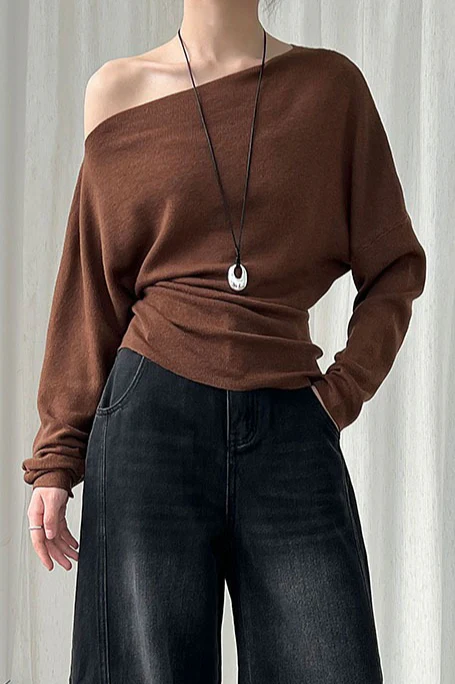 Waist Defining Asymmetric Shoulder Knit Top - Image 11
