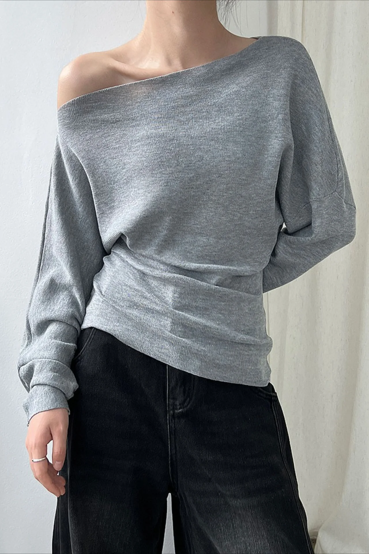 Waist Defining Asymmetric Shoulder Knit Top - Image 14