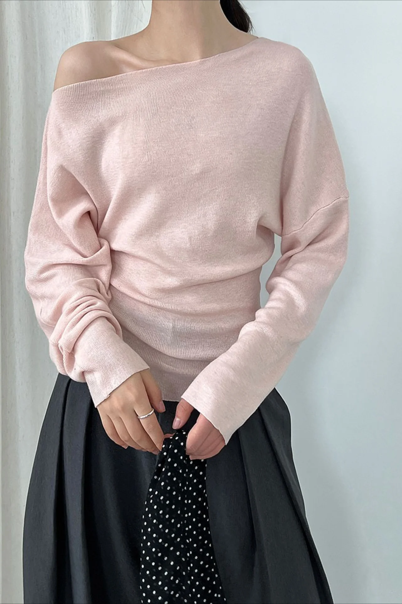 Waist Defining Asymmetric Shoulder Knit Top - Image 2