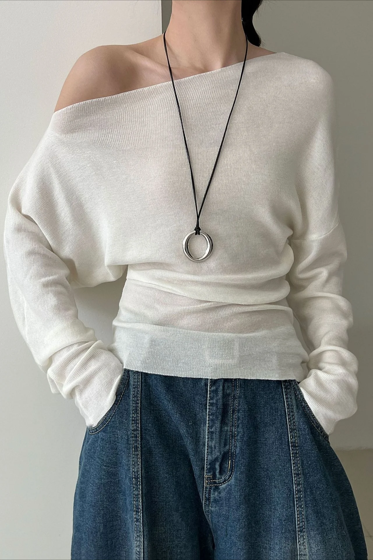 Waist Defining Asymmetric Shoulder Knit Top - Image 5