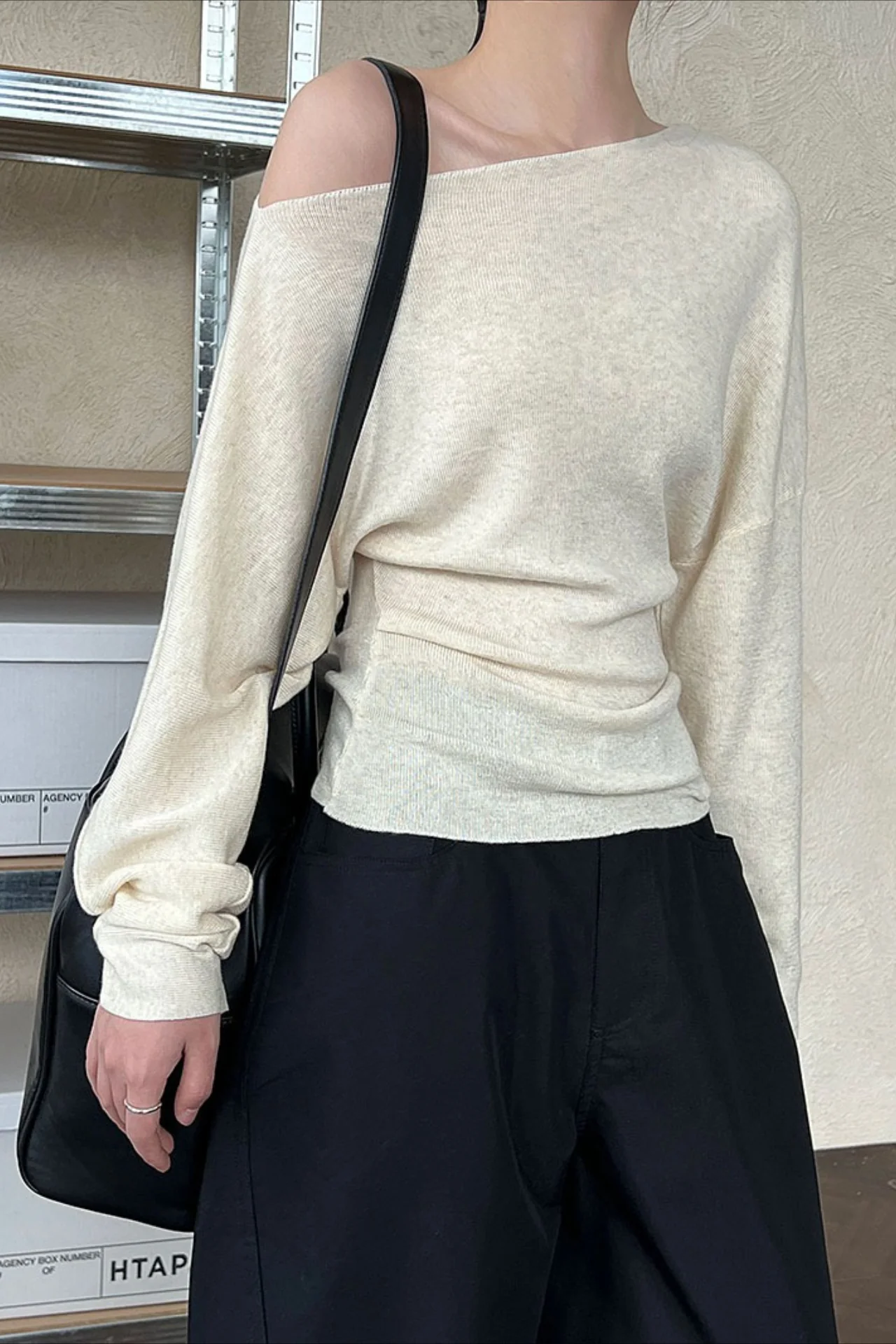 Waist Defining Asymmetric Shoulder Knit Top - Image 6