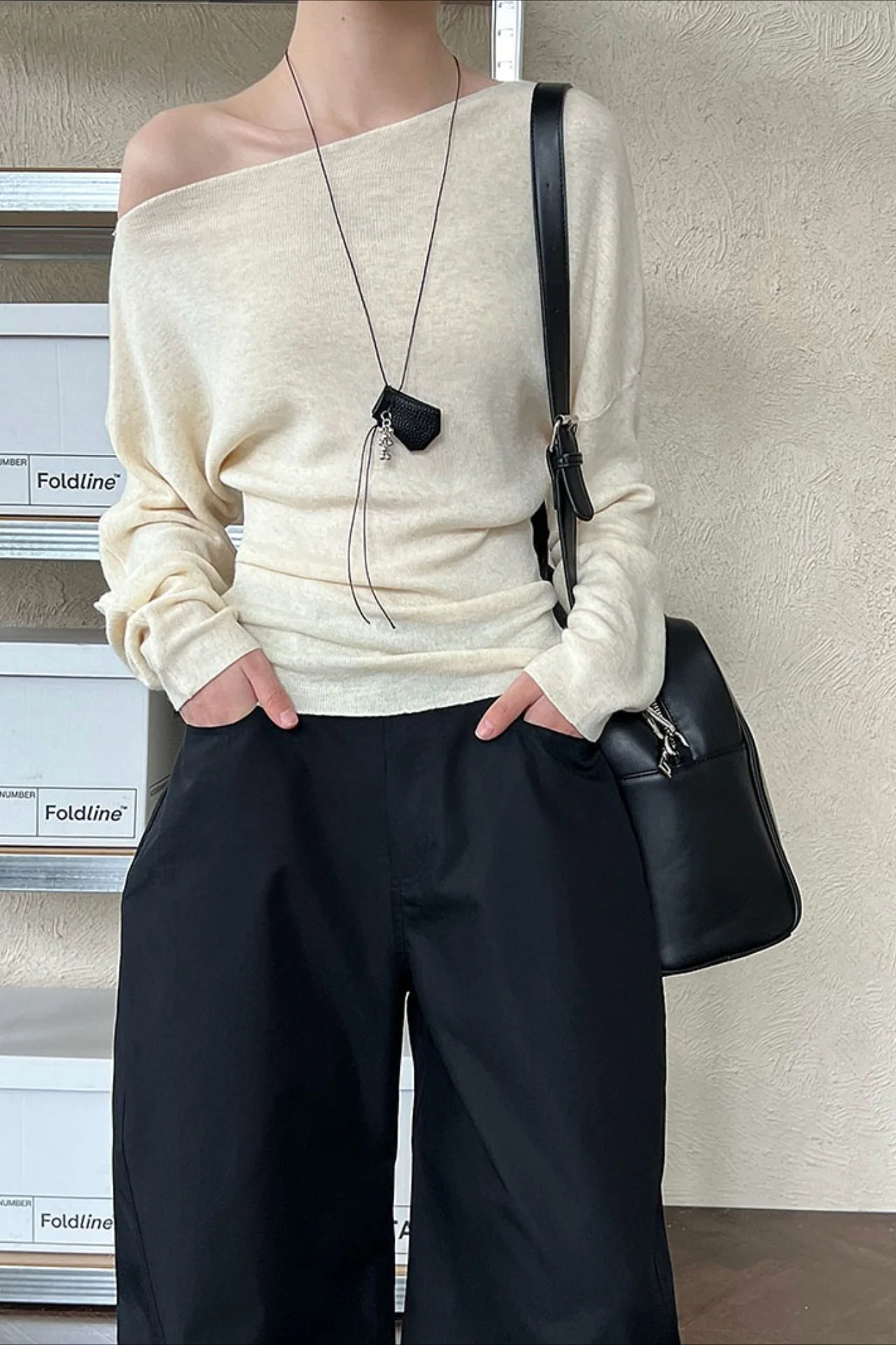 Waist Defining Asymmetric Shoulder Knit Top - Image 7