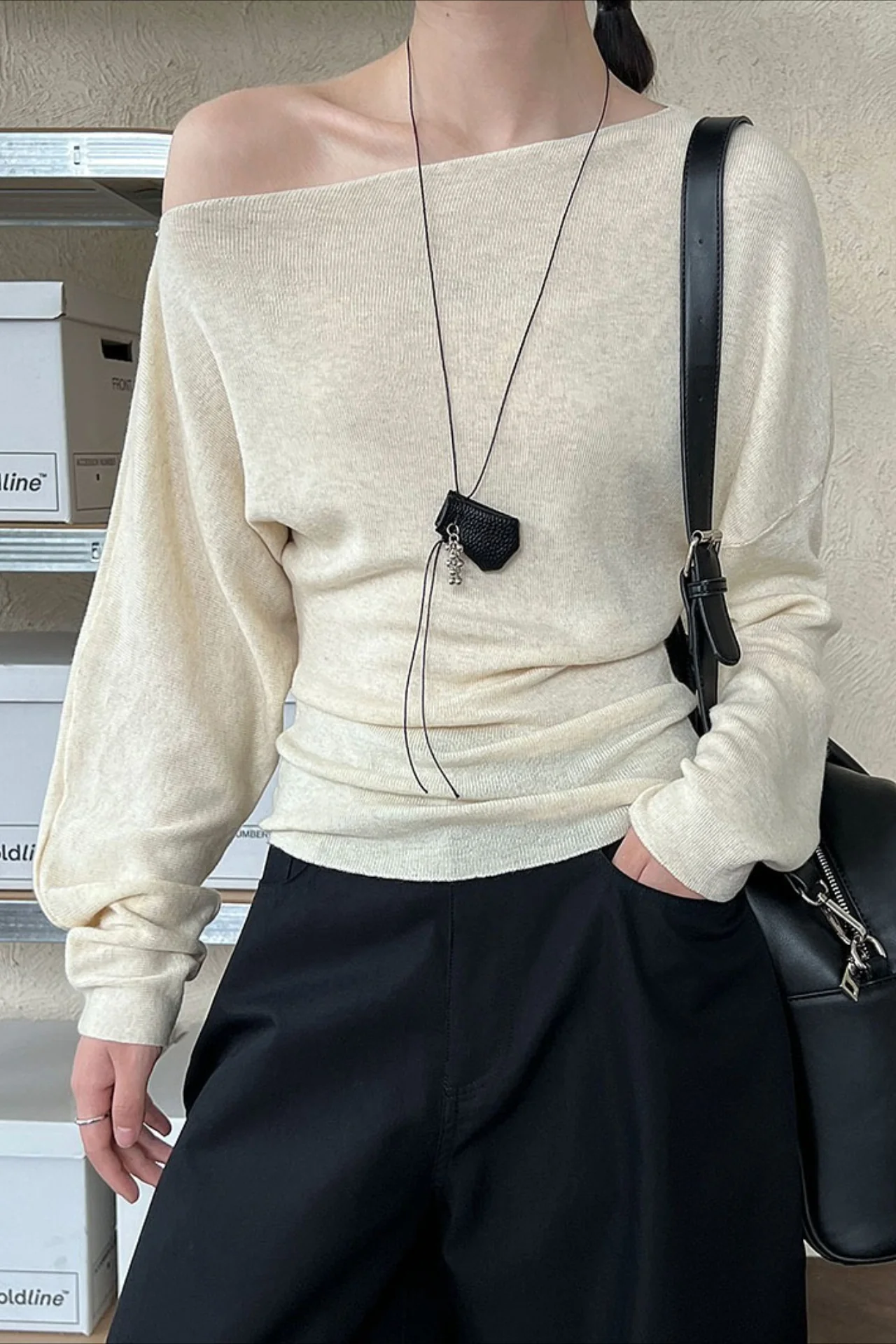 Waist Defining Asymmetric Shoulder Knit Top - Image 8