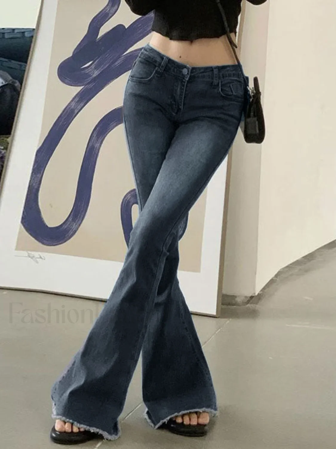 Washed Stretch Low Waist Flare Jeans - Image 3