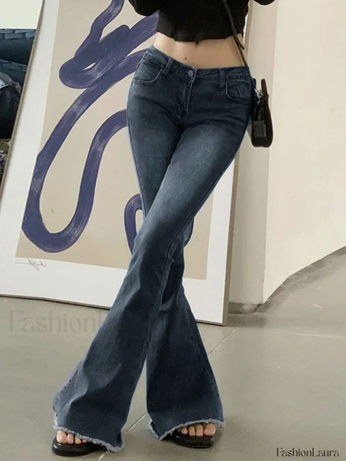 Washed Stretch Low Waist Flare Jeans - Image 6