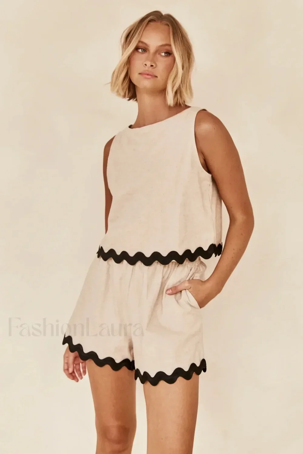 Wave Stripe Patchwork O Neck Tops Fashion Shorts Two Piece Set - Image 7