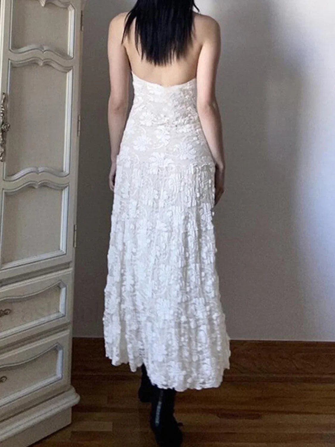 White Floral Lace Halter Maxi Dress - Image 4