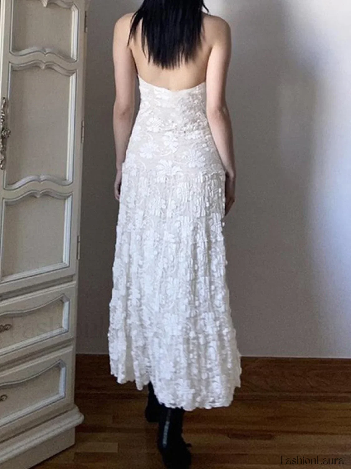 White Floral Lace Halter Maxi Dress - Image 7