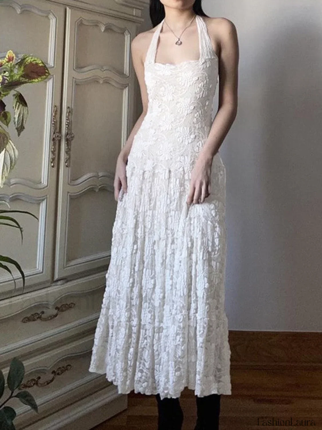 White Floral Lace Halter Maxi Dress - Image 8