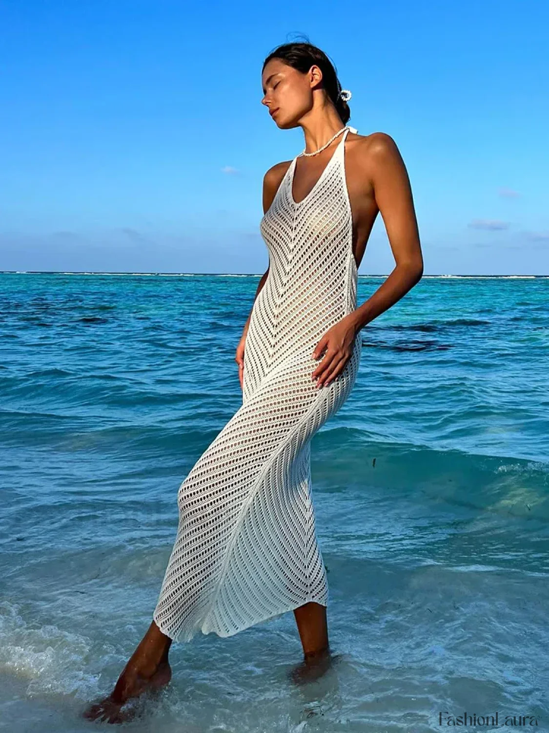 White Knitted See-through V Neck Backless Cover-ups - Image 8