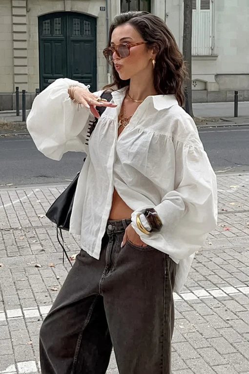 White Lantern Sleeve Blouse - Image 3