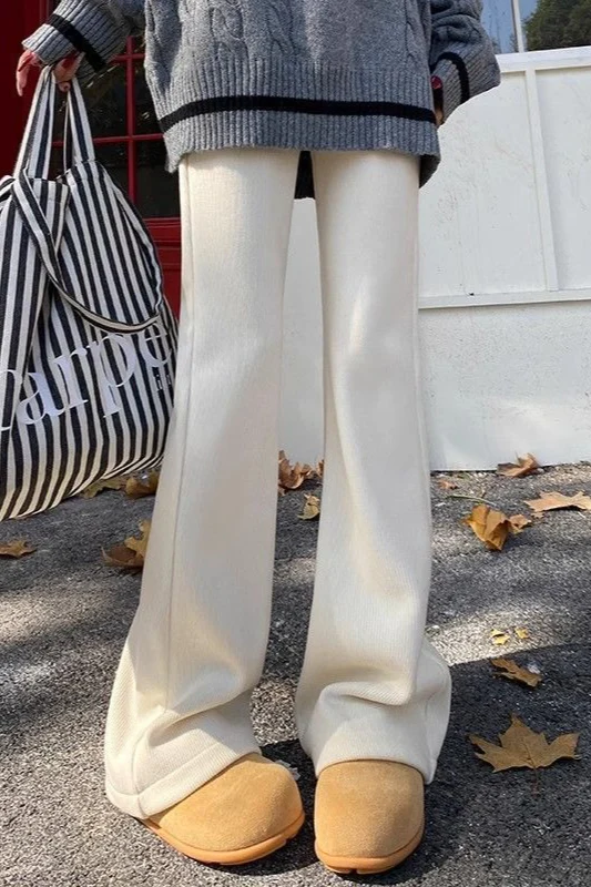 Solid White Plush Flared Knit Pants - Image 2