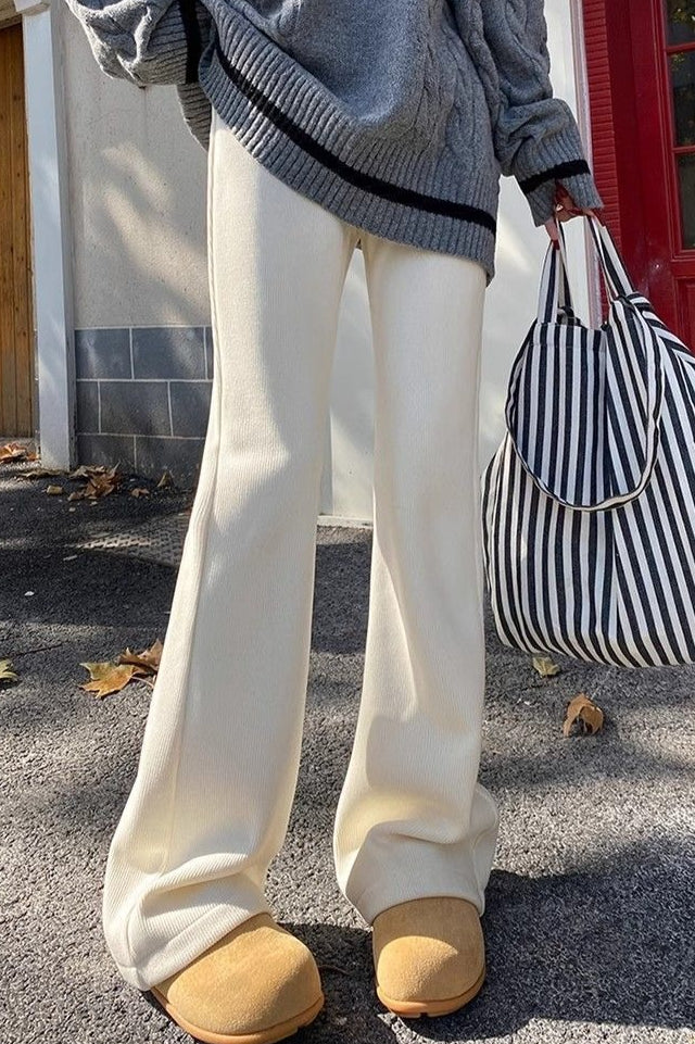 Solid White Plush Flared Knit Pants - Image 3