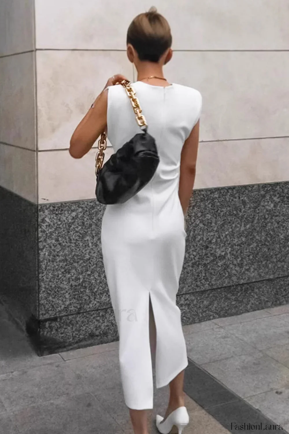 White Round Neck Split Bodycon Work Dress - Image 10