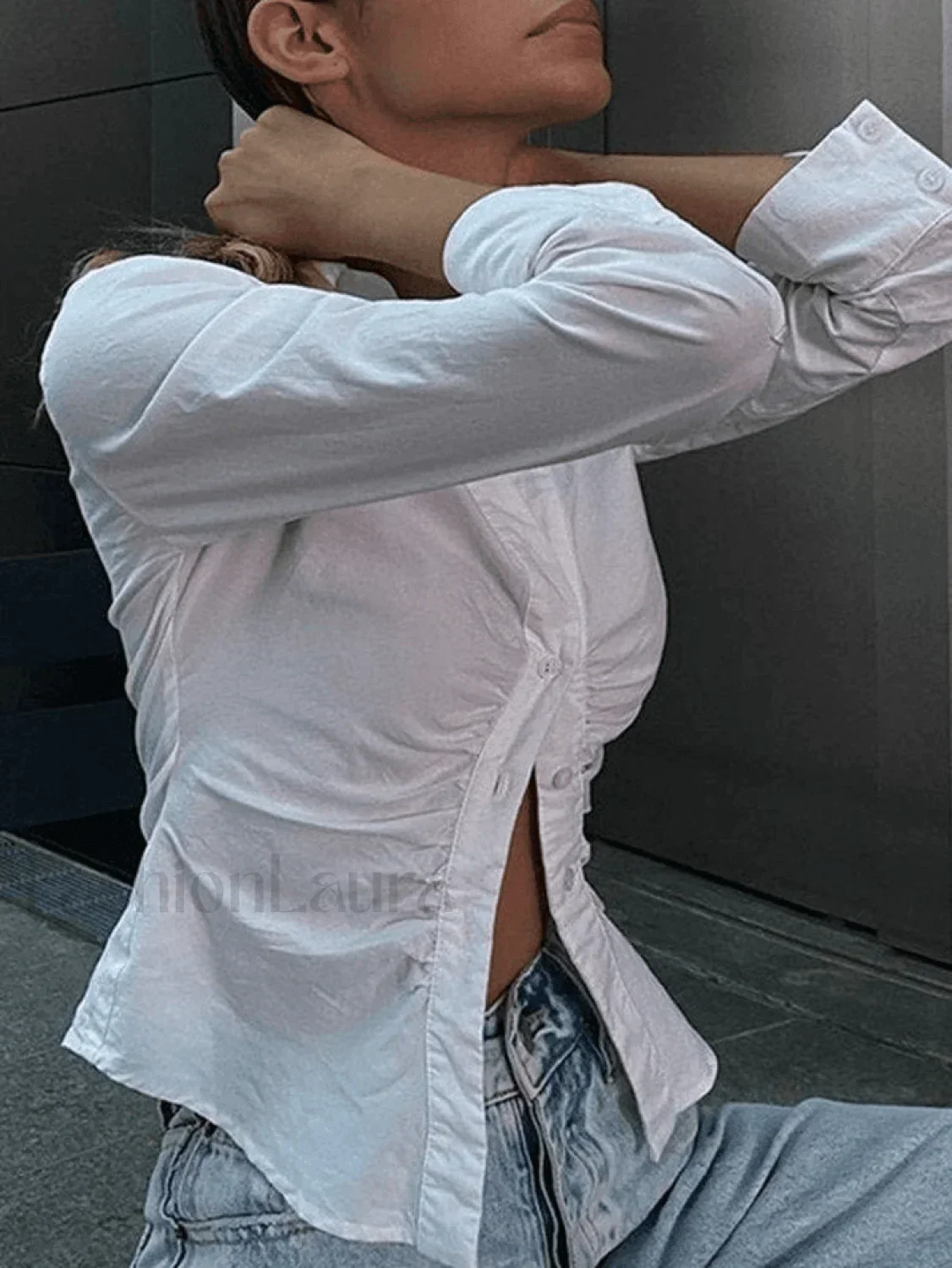 White Ruched Cropped Long Sleeve Blouse - Image 2