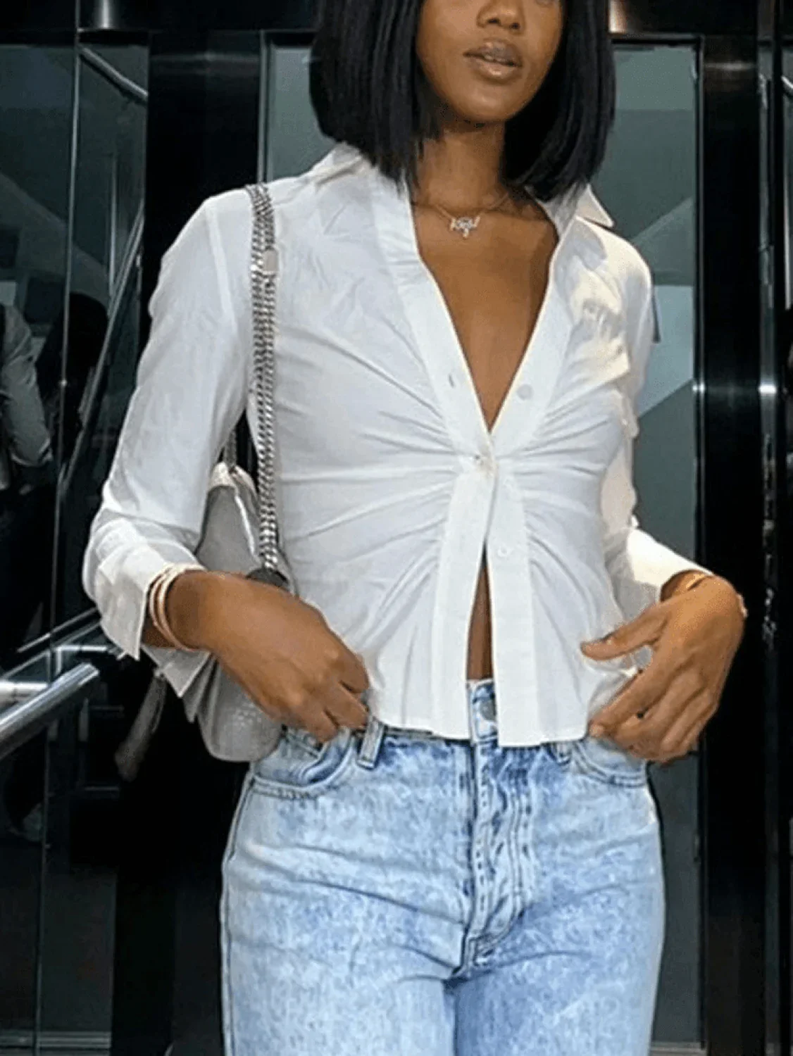 White Ruched Cropped Long Sleeve Blouse - Image 3