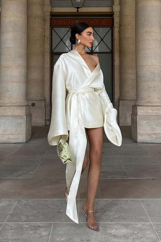 White Satin Long Sleeve Tie Blouse - Image 2