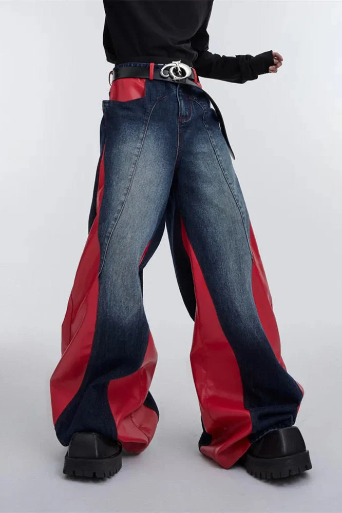 Wide Leg PU Leather Patchwork Jeans - Image 21