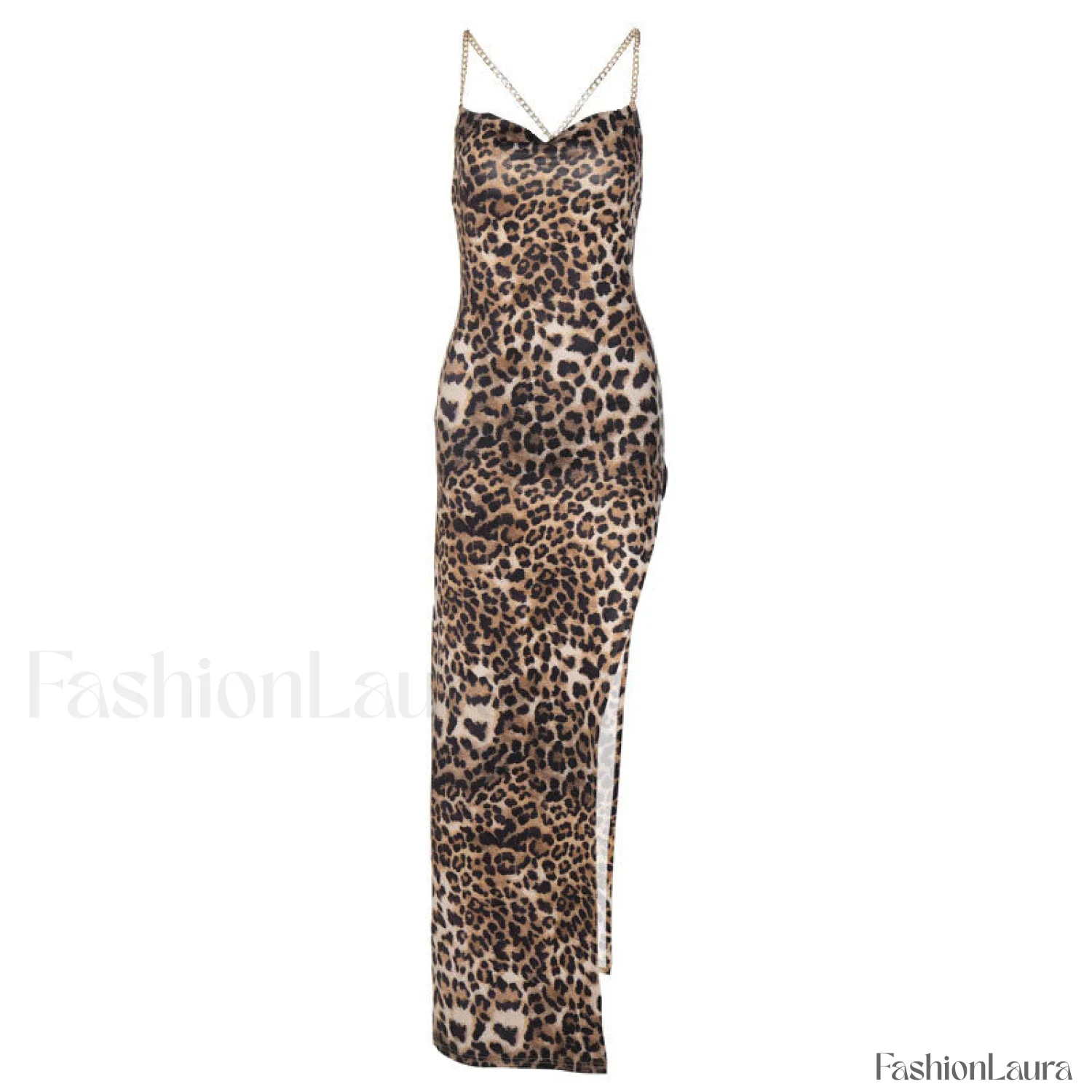 Wild Printed High Slit Cowl Neck Cross Chain Maxi Dress - Leopard - Image 11
