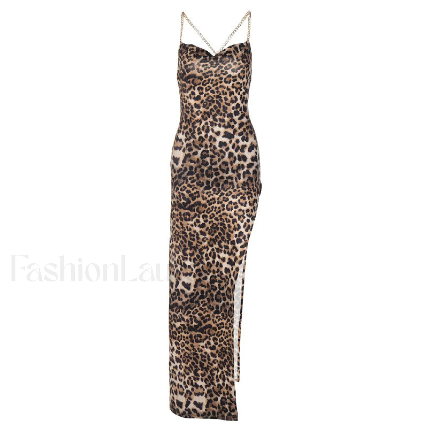 Wild Printed High Slit Cowl Neck Cross Chain Maxi Dress - Leopard - Image 6