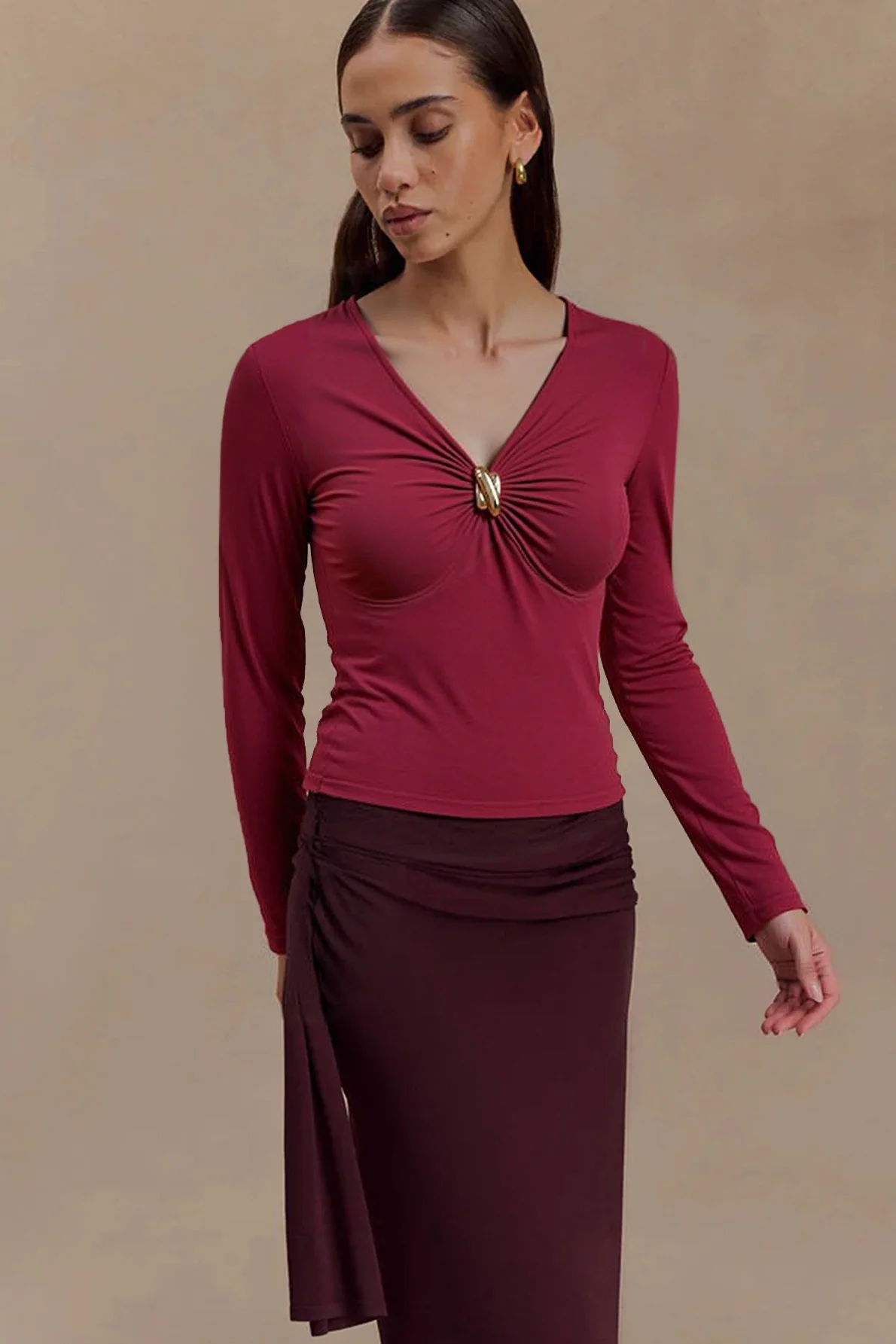 Wine Red V Neck Bodycon Long Sleeve Tee - Image 2