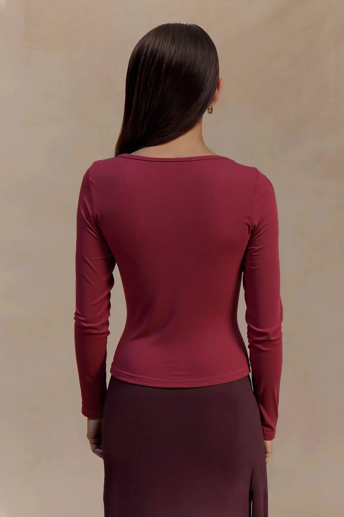 Wine Red V Neck Bodycon Long Sleeve Tee - Image 3