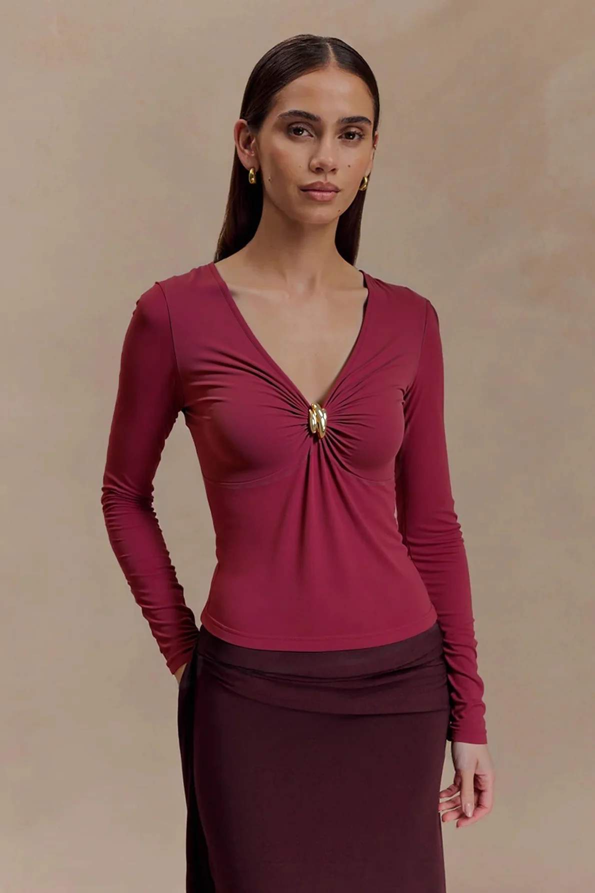 Wine Red V Neck Bodycon Long Sleeve Tee - Image 4