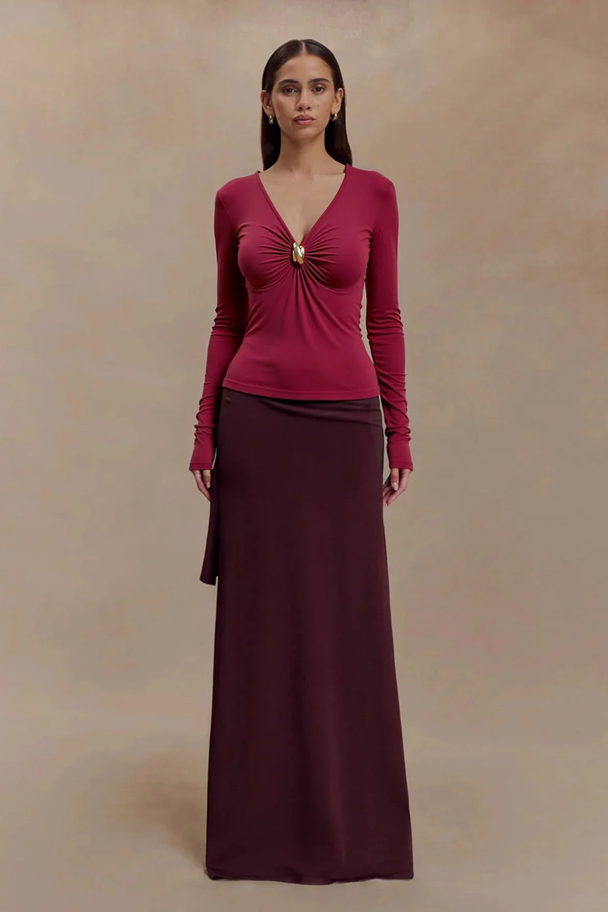 Wine Red V Neck Bodycon Long Sleeve Tee - Image 5