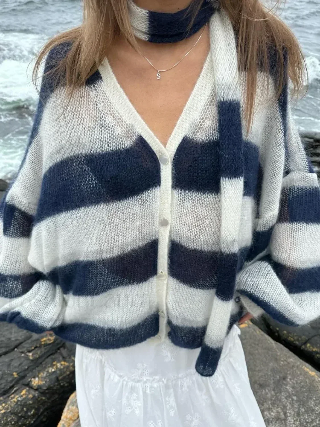 Women Fashion Contrast Striped Knitted Cardigan With Scarf Elegant V Neck Sweater - Image 11