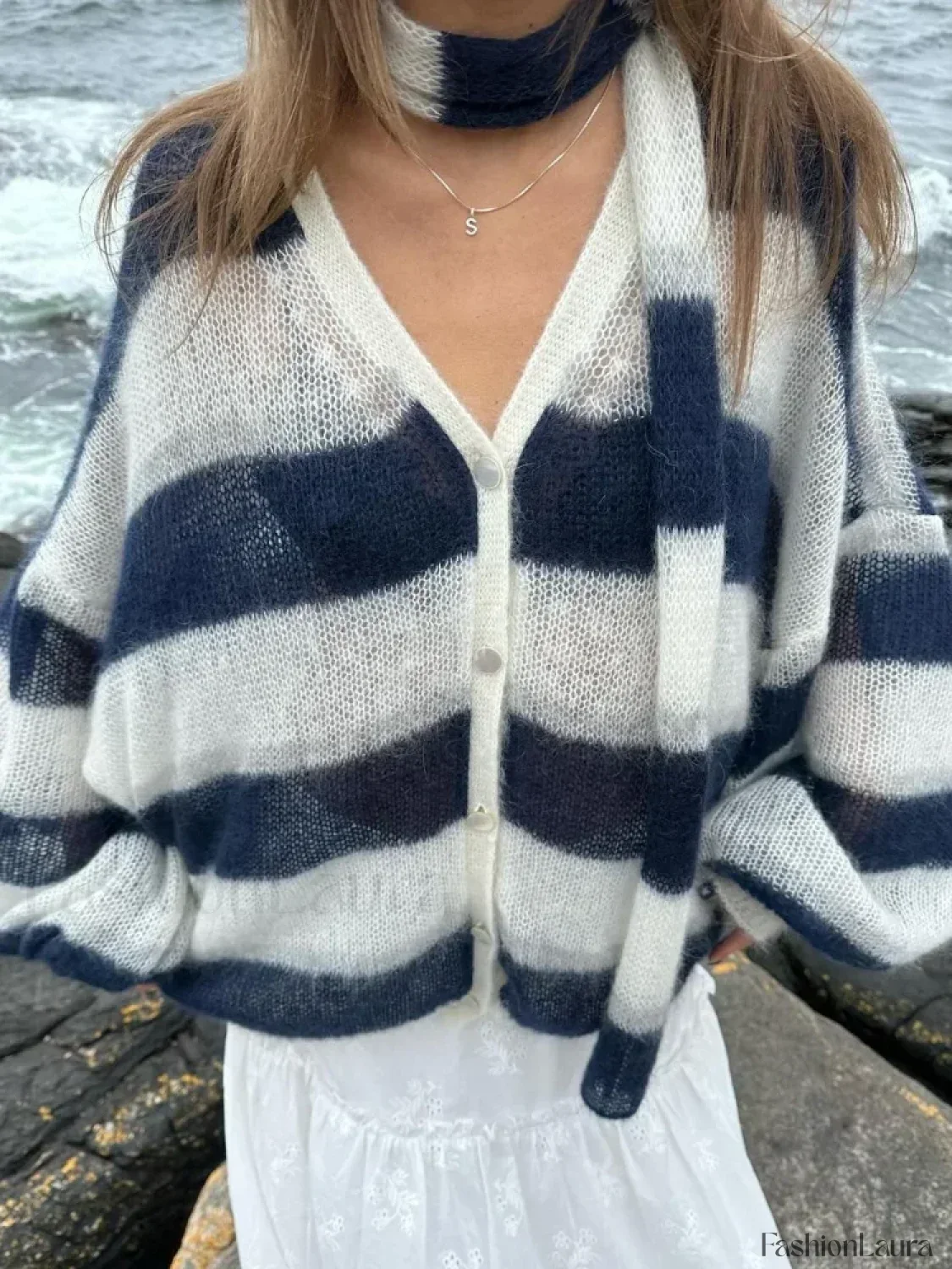 Women Fashion Contrast Striped Knitted Cardigan With Scarf Elegant V Neck Sweater - Image 14