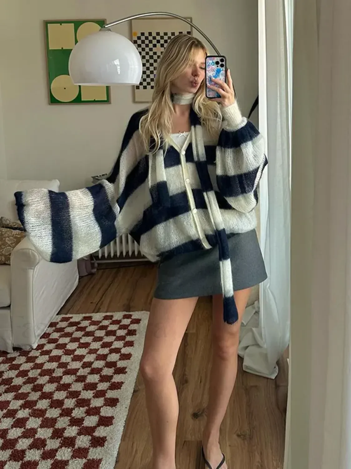 Women Fashion Contrast Striped Knitted Cardigan With Scarf Elegant V Neck Sweater - Image 15