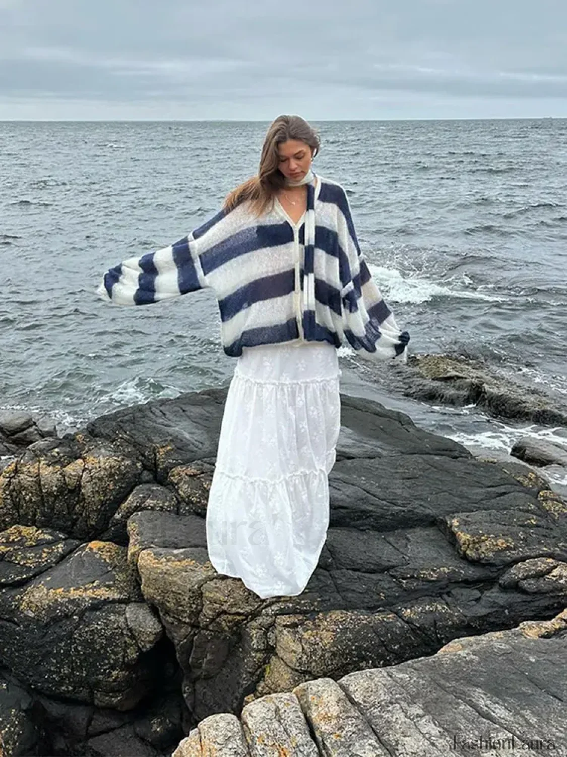 Women Fashion Contrast Striped Knitted Cardigan With Scarf Elegant V Neck Sweater - Image 17