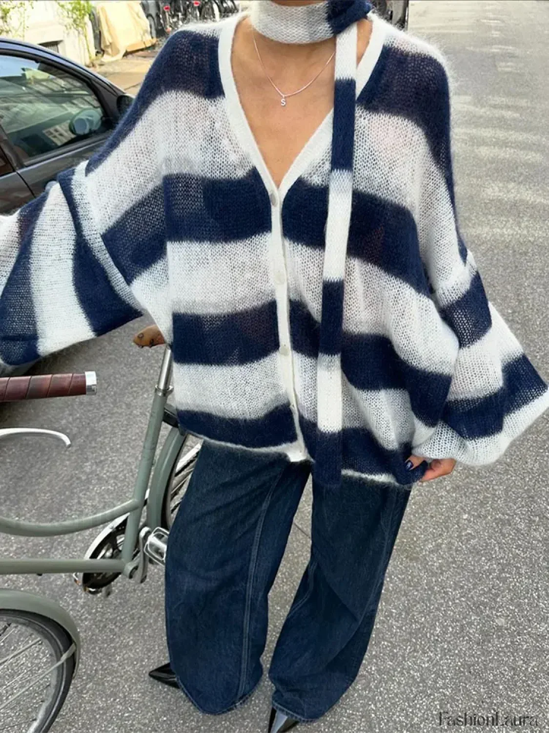 Women Fashion Contrast Striped Knitted Cardigan With Scarf Elegant V Neck Sweater - Image 19