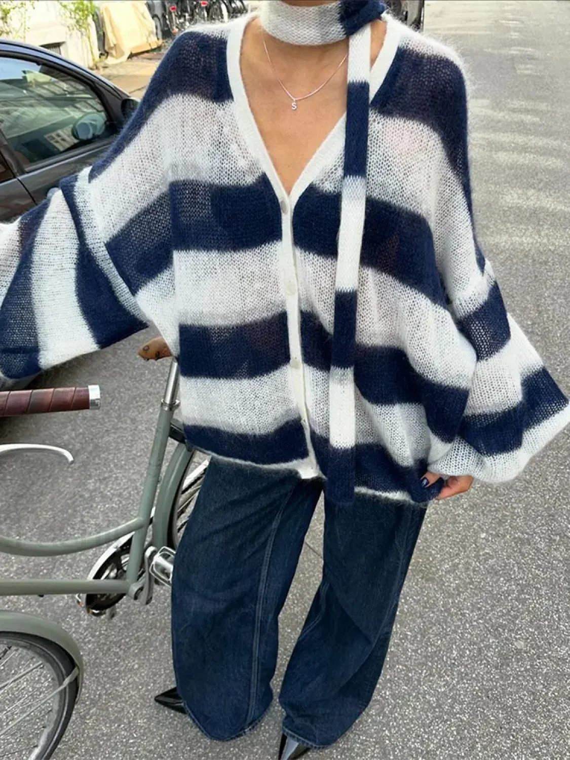 Women Fashion Contrast Striped Knitted Cardigan With Scarf Elegant V Neck Sweater - Image 4