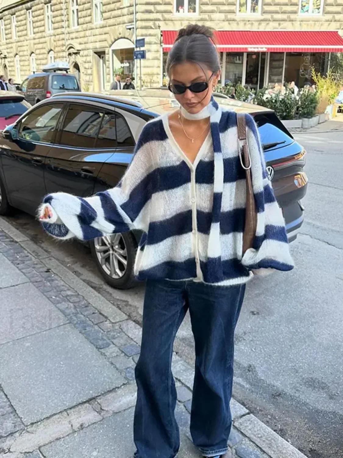 Women Fashion Contrast Striped Knitted Cardigan With Scarf Elegant V Neck Sweater - Image 5