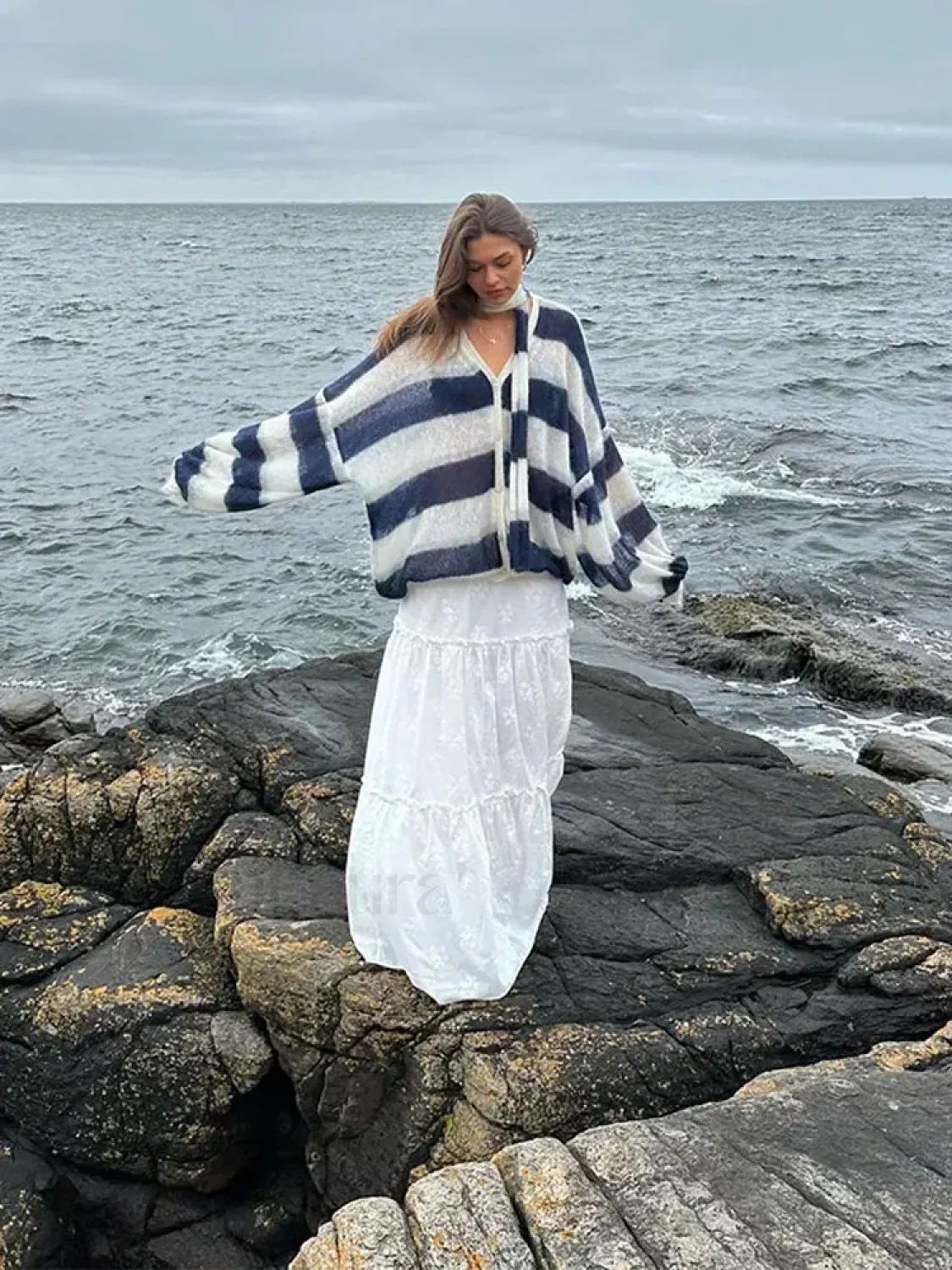 Women Fashion Contrast Striped Knitted Cardigan With Scarf Elegant V Neck Sweater - Image 6