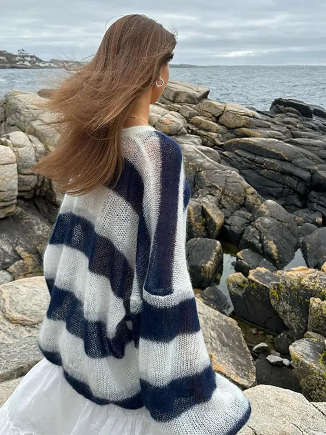 Women Fashion Contrast Striped Knitted Cardigan With Scarf Elegant V Neck Sweater - Image 7