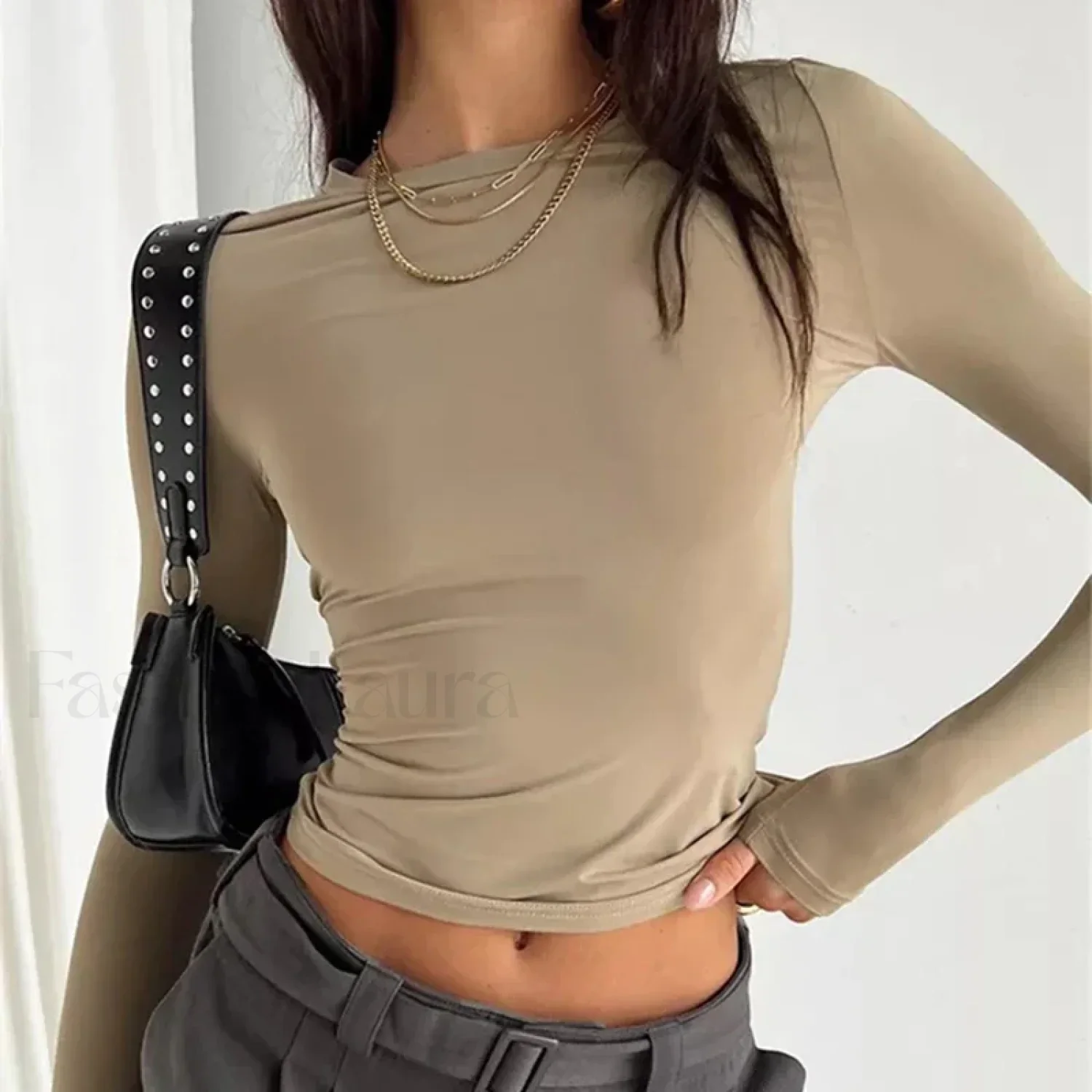 Women Long Sleeve Solid Slim Fit Casual Crop Top - Image 2