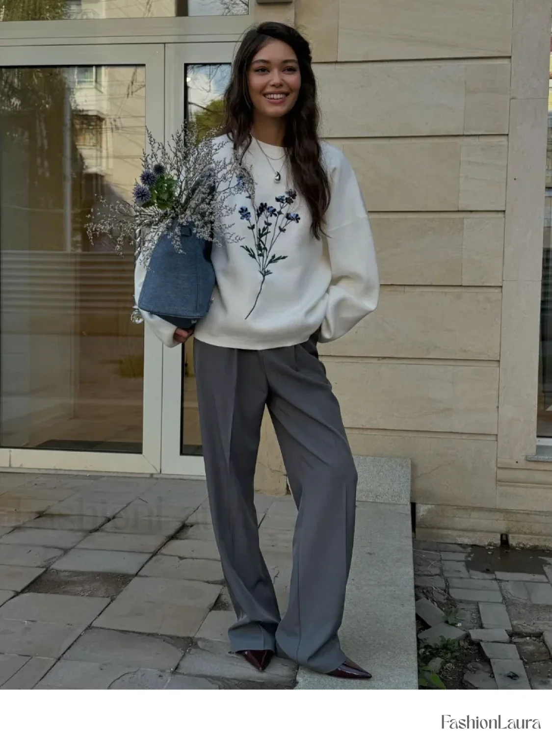 Women's Flower Print Knitted Casual Round Neck Long Sleeve Loose Sweater - Image 16
