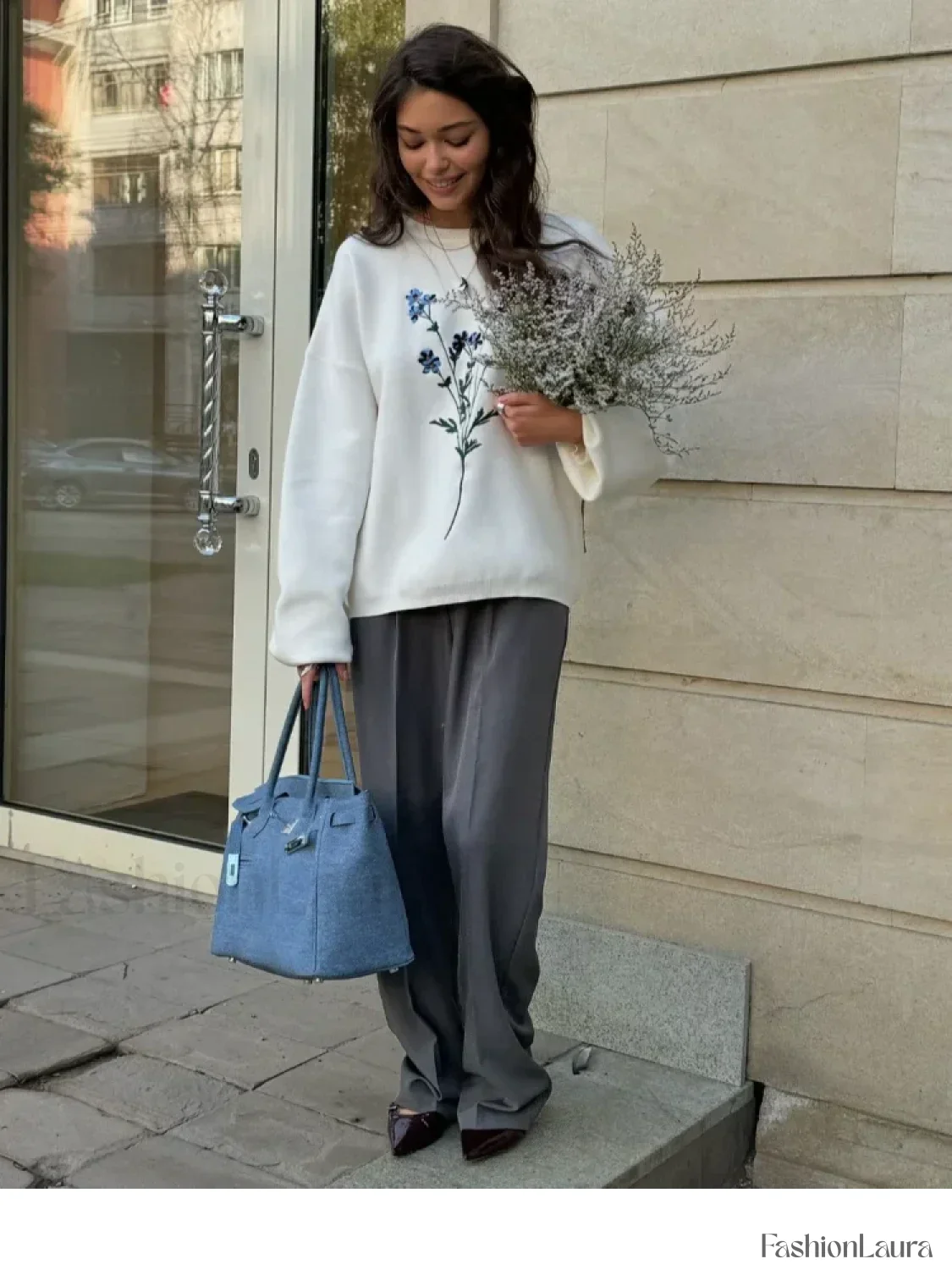 Women's Flower Print Knitted Casual Round Neck Long Sleeve Loose Sweater - Image 18