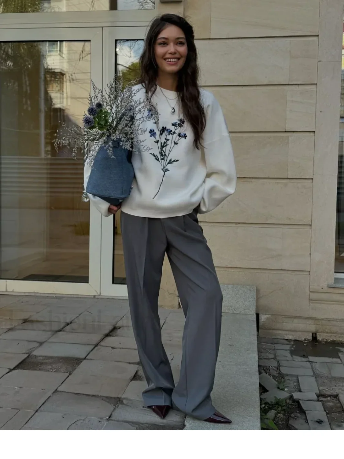 Women's Flower Print Knitted Casual Round Neck Long Sleeve Loose Sweater - Image 6