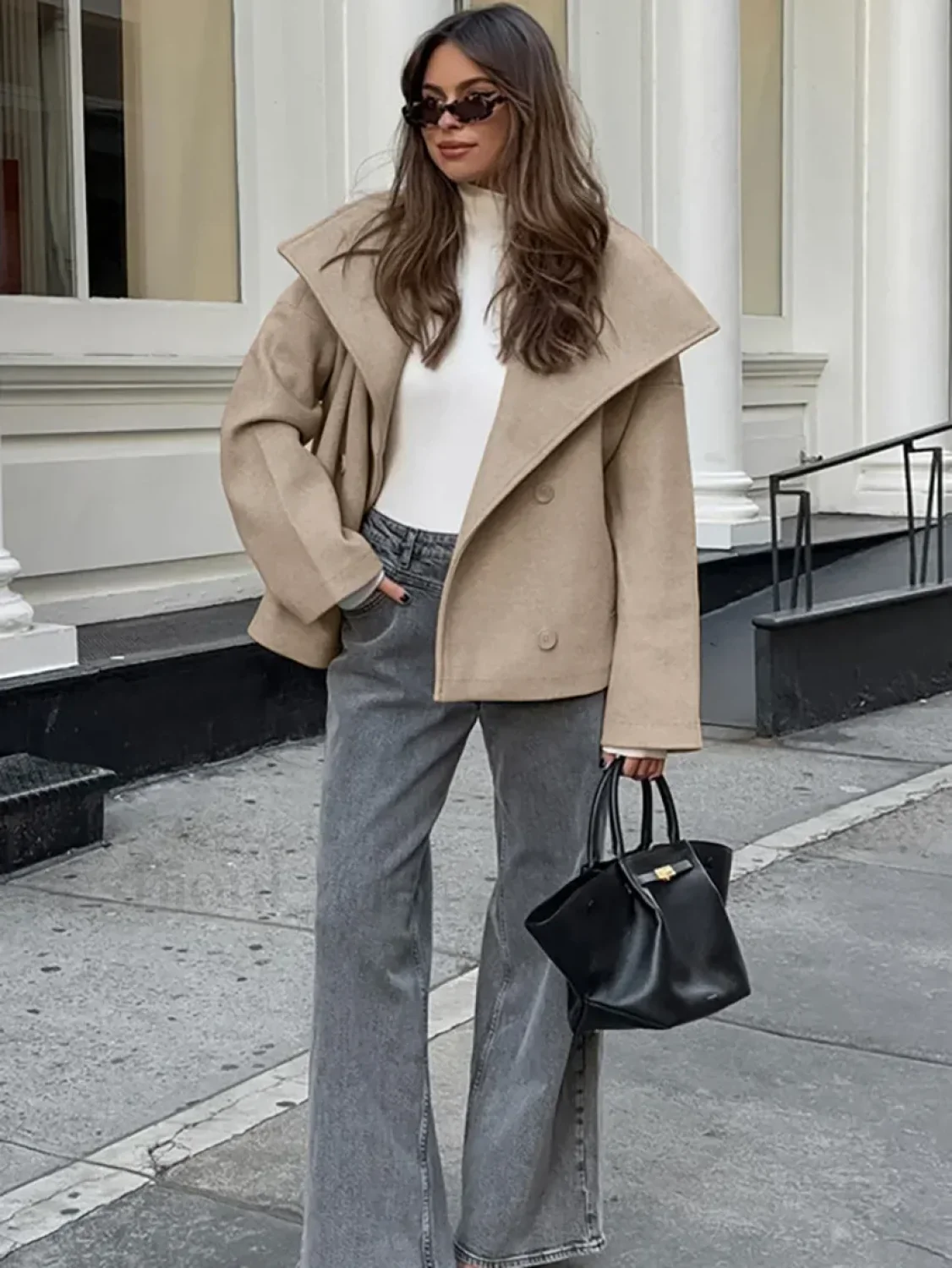 Women's Wide Lapel Faux-wool Blend Coat Overcoats - Image 3