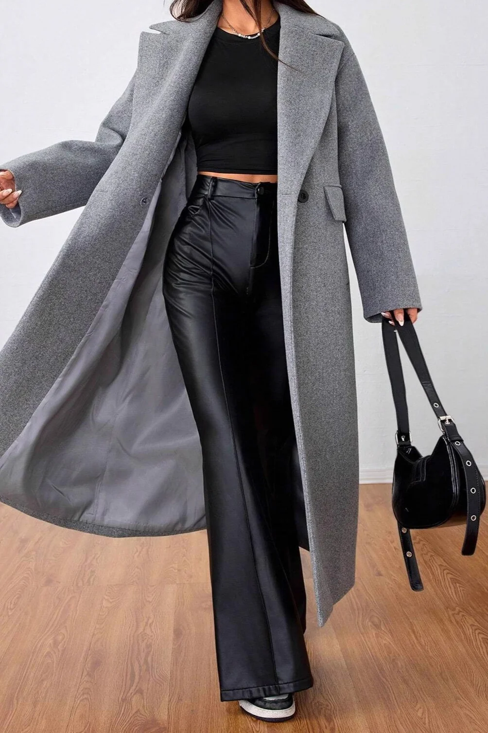 Wool Blend Lapel Elegant Long Overcoat - Image 2
