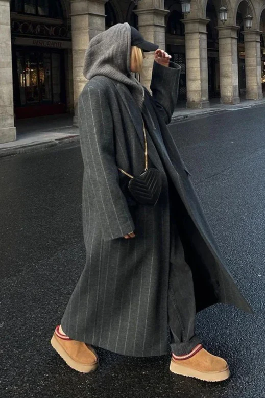 Wool Stripe Notch Collar Long Overcoat - Image 2