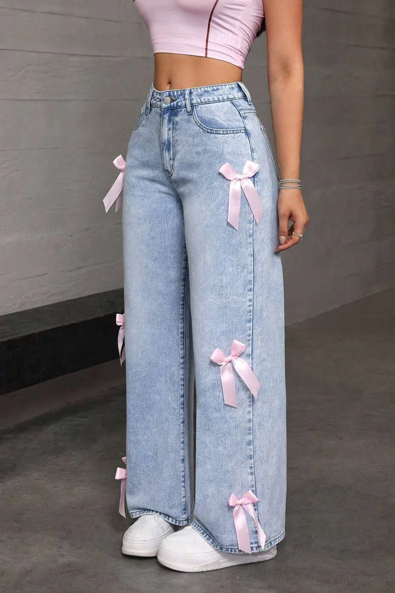 Y2K Bow Applique Washed Relaxed Jeans