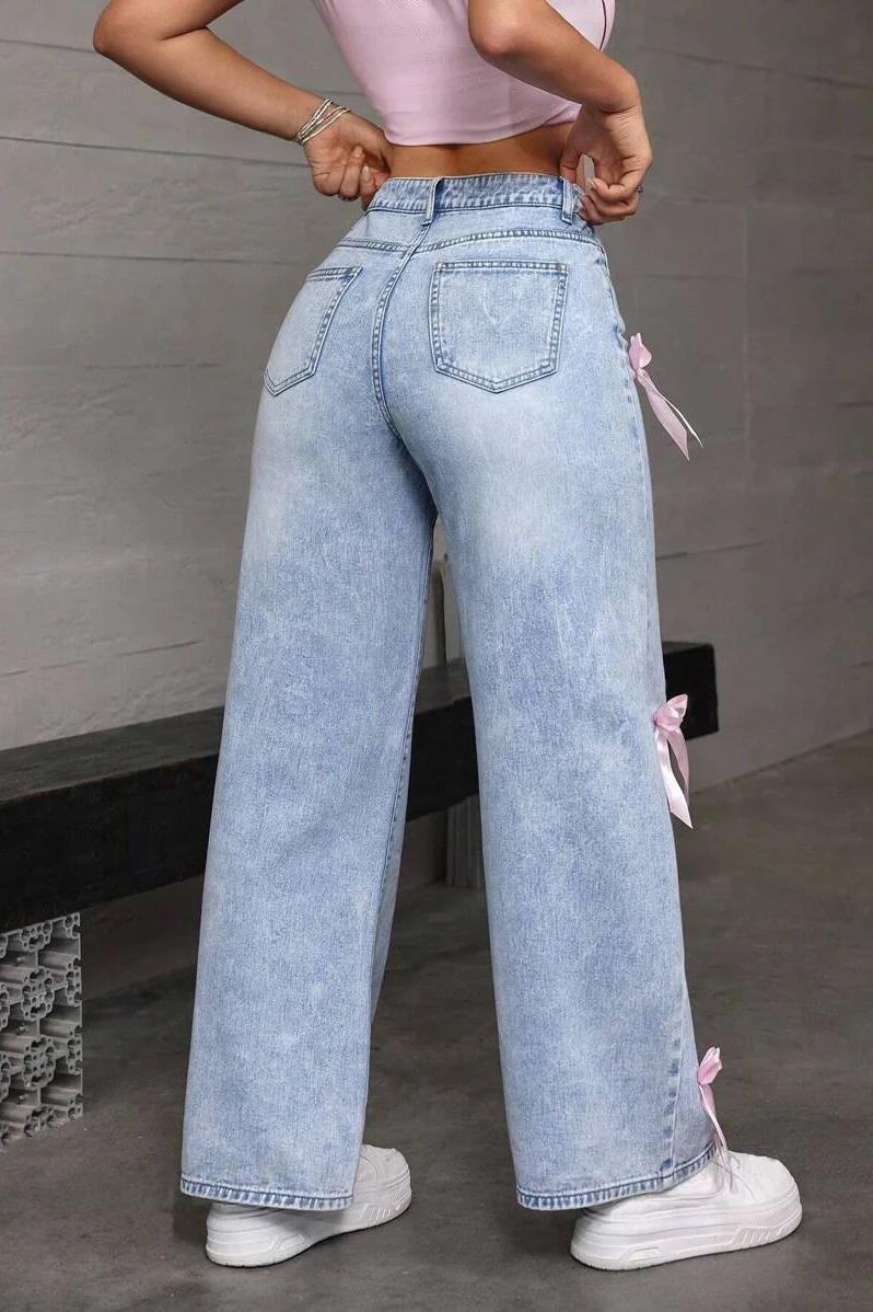 Y2K Bow Applique Washed Relaxed Jeans - Image 5