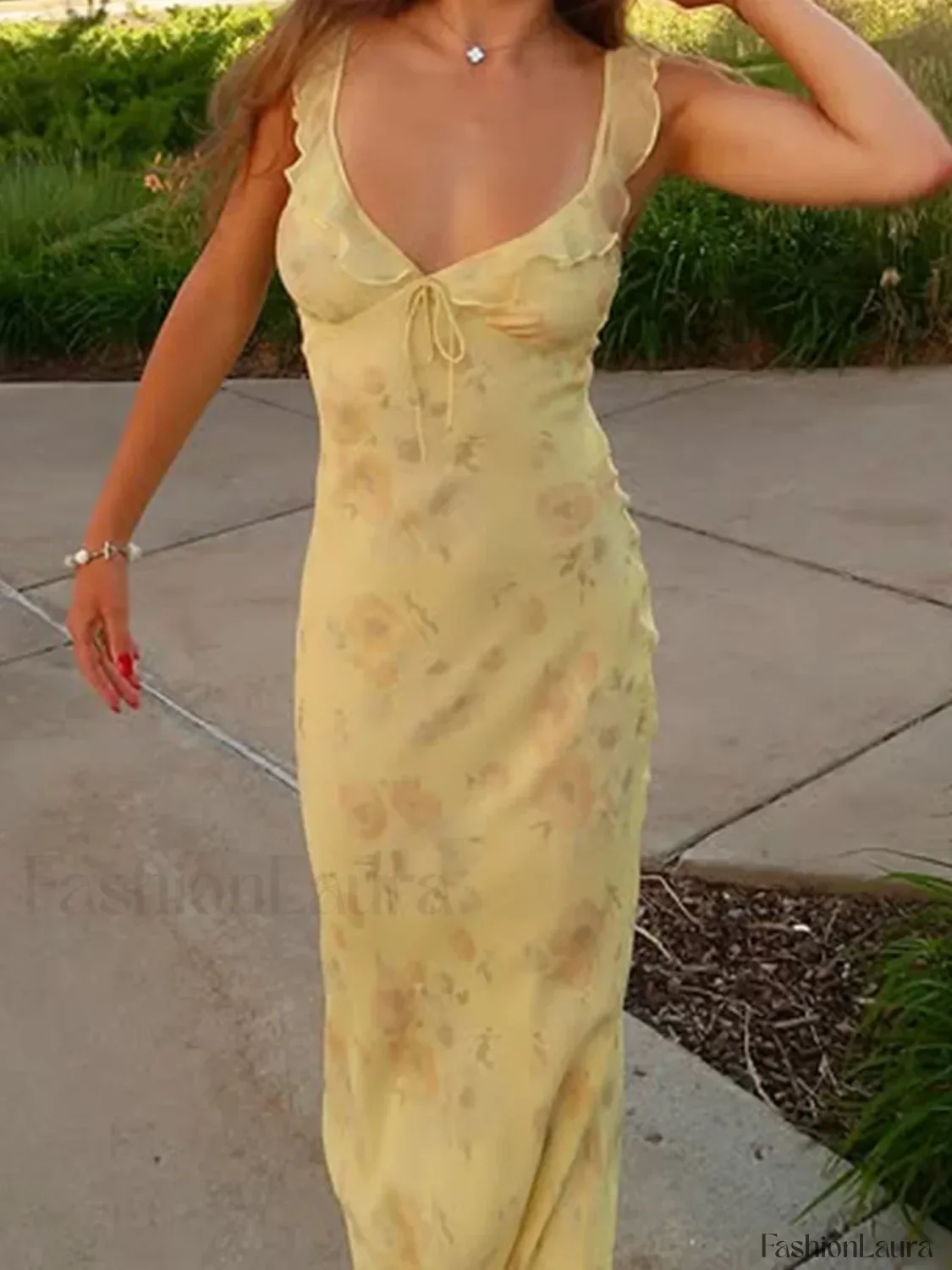 Yellow Camisole Floral Dress Slim Fit Fairycore Floral Dress - Image 9