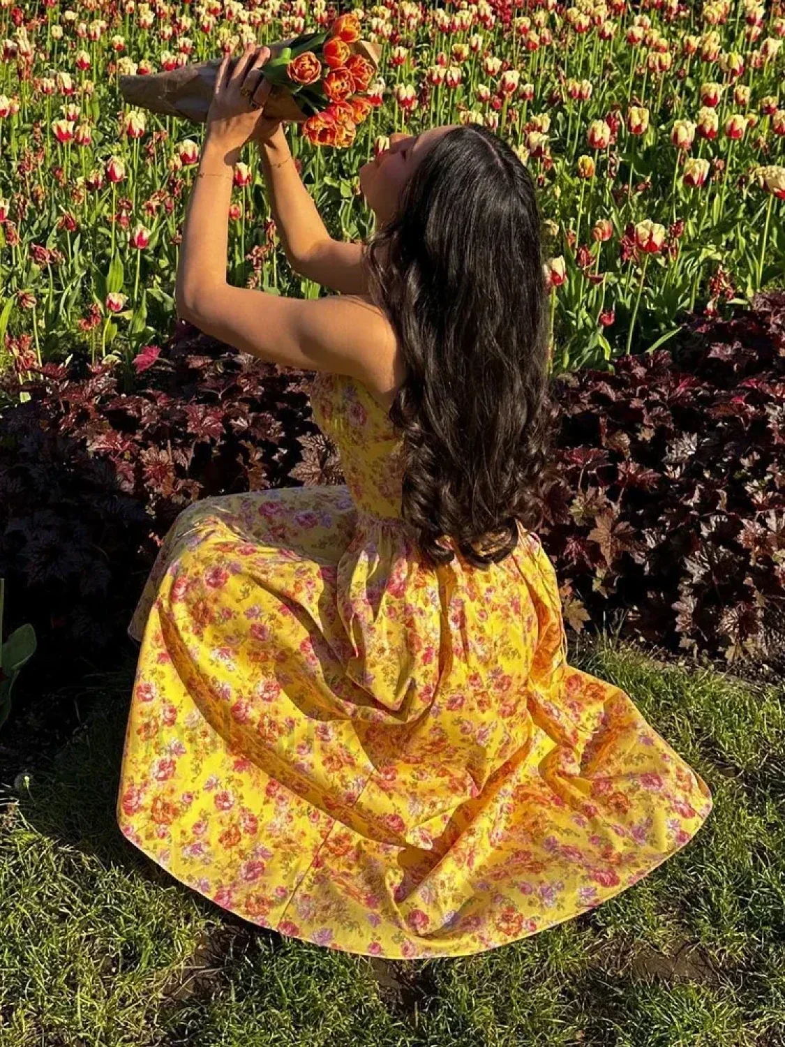 Yellow Lace-Up Pocket Floral Dress - Image 2
