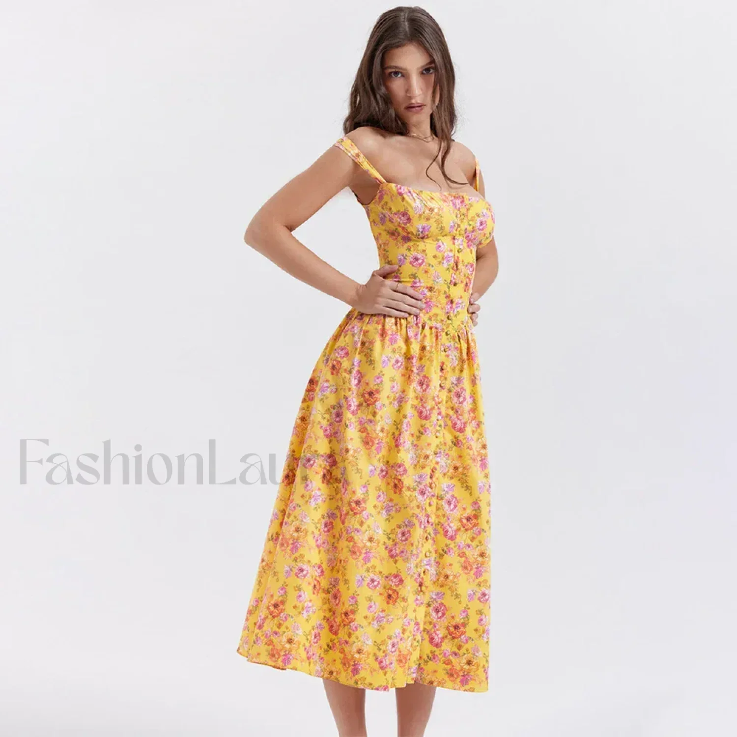 Yellow Lace-Up Pocket Floral Dress - Image 4